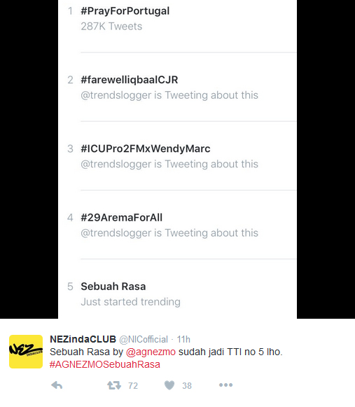 'Sebuah Rasa' langsung jadi trending topic © Twitter/NEZindaCLUB