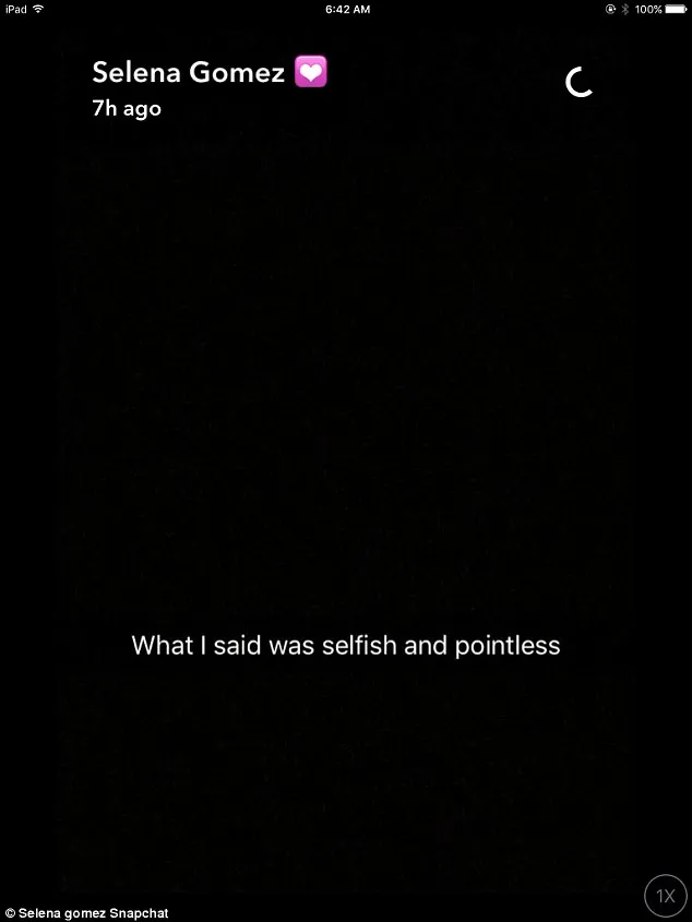 Simple, Selena Gomez meminta maaf lewat Snapchat setelah Justin Bieber menghapus akun Instagram-nya © Daily Mail/Selena Gomez Snapchat