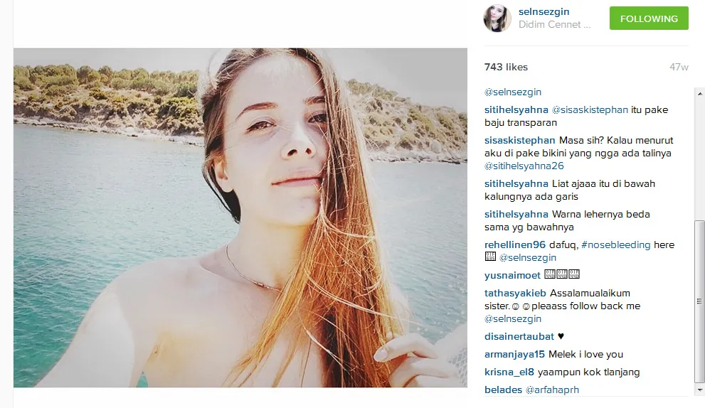 Selfie Selin bikin netizen panas dingin. @instagram/selnsezgin
