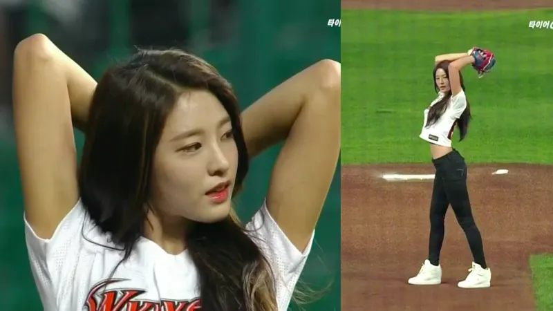 Seolhyun AOA saat melakukan lemparan bola pertama dalam pertandingan baseball SK Wyverns, @soompi.com