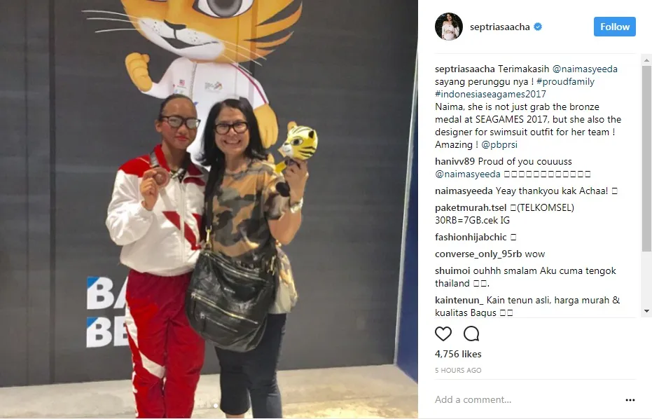Naima Syeeda, sepupu Acha Septriasa yang merupakan anggota tim renang indah dan berhasil meraih perunggu © instagram.com/septriasaacha