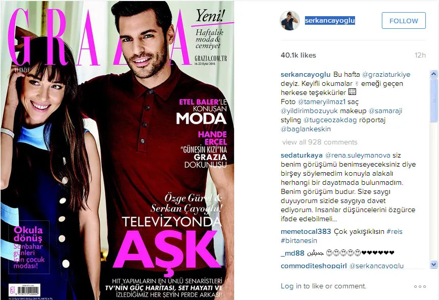 Ini dia pose Ozge dan Serkan di majalah Grazia © Instagram.com/serkancayoglu