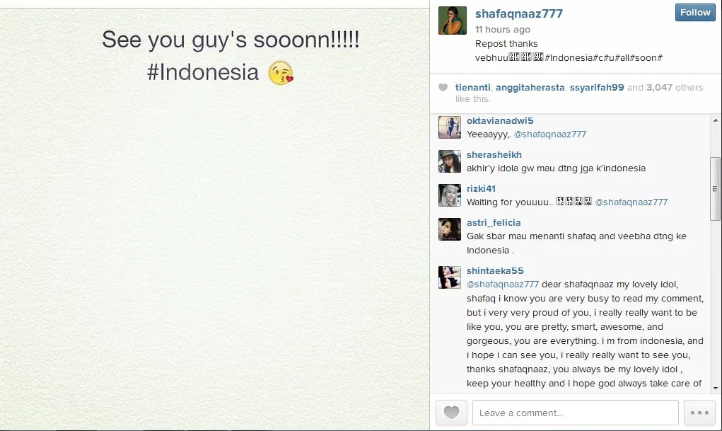 Shafaq sudah tak sabar ingin ke Indonesia. @instagram.com/shafaqnaaz777
