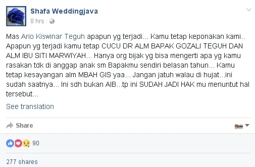 Dukungan lain Shafa untuk Kiswinar facebook.com/Shafa-Weddingjava