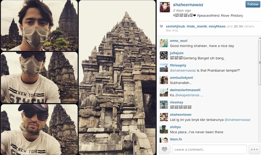Shaheer saat di Prambanan, kena debu atau takut dikenali? @instagram Shaheer Sheikh