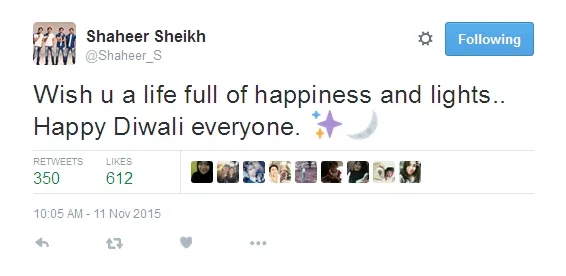 Shaheer menyampaikan selamat Dilwali. ©twitter/shaheer_s