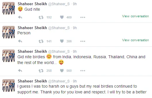 Shaheer merasa terlalu jahat kepada fans. ©twitter/shaheer_s