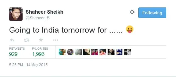 Shaheer Sheikh pulang ke India hari ini. @twitter/shaheer_s