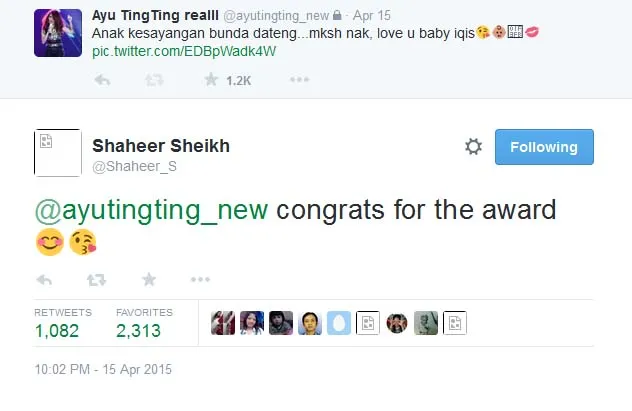 Manisnya Shaheer beri selamat ke Ayu Ting Ting. @twitter/shaheer_s