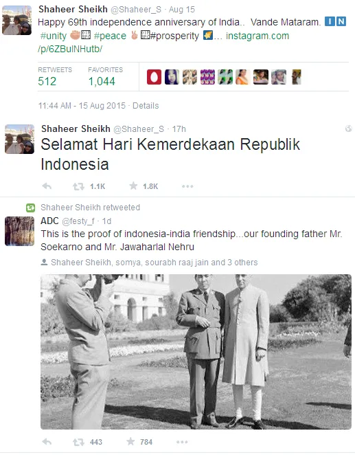 Ini yang dilakukan Shaheer saat merayakan kemerdekaan India dan Indonesia. @twitter/Shaheer_s