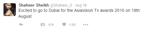 Shaheer hanya menulis ini soal Asiavison TV Awards 2016 ©twitter/shaheer_s
