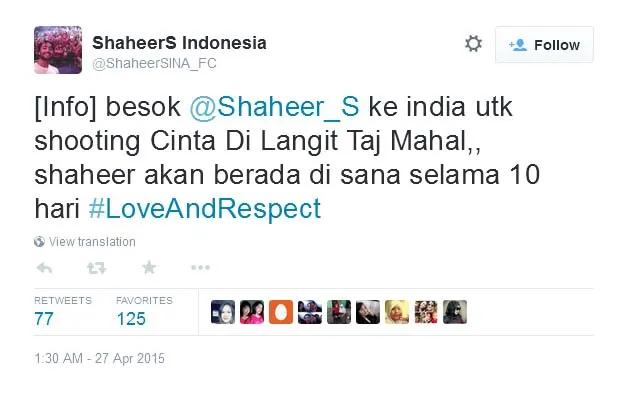Shaheer Sheikh hari ini terbang ke India. @twitter/ShaheerSINA_FC