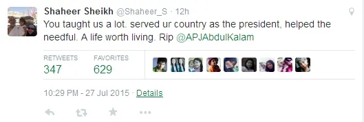 Shaheer Sheikh berduka atas kepergian Dr.Abdul Kalam, mantan presiden India. @twitter/shaheer_s