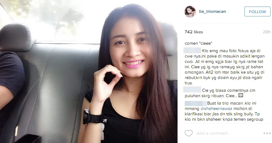 Lia diserang haters gara-gara dituding jadi selingkuhan Shaheer Sheikh. ©instagram/lia_triomacan