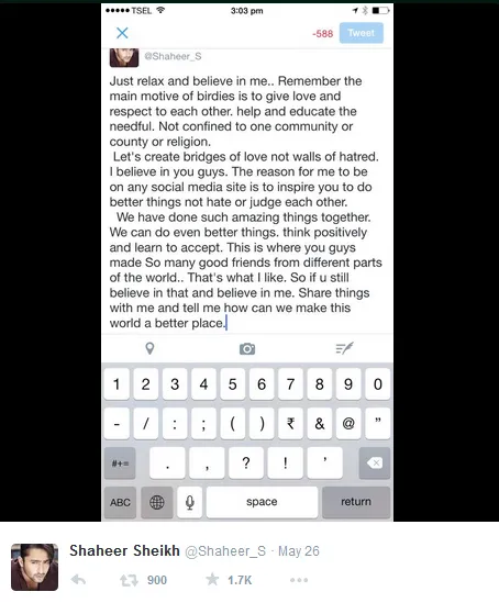 Shaheer kirim pesan perdamaian ke fans. @twitter/shaheer_s