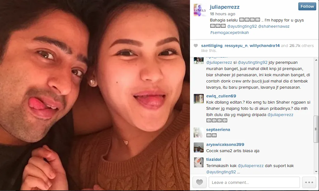 Jupe doakan Shaheer dan Ayu cepat nikah. @instagram/juliaperrezz