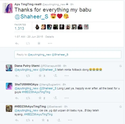 Ayu berterima kasih kepada Shaheer. @twitter/ayutingting_new
