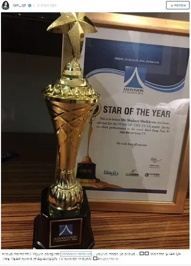 Shaheer menang kategori 'Star of The Year' di Asiavision TV Awards Dubai ©instagram/iam_ejf