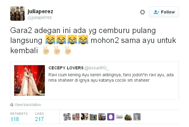 Menurut Jupe ada seseorang yang minta balikan ke Ayu, Shaheer Sheikh? © Twitter.com/juliaperrez