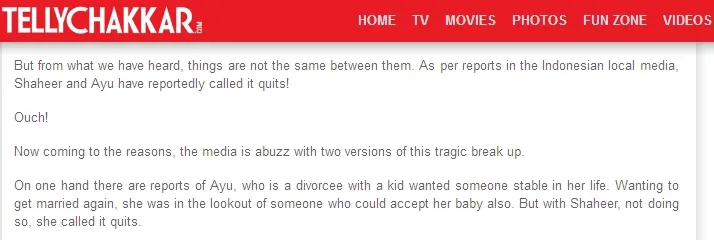 Putusnya Shaheer dan Ayu jadi headline di India. ©tellychakkar