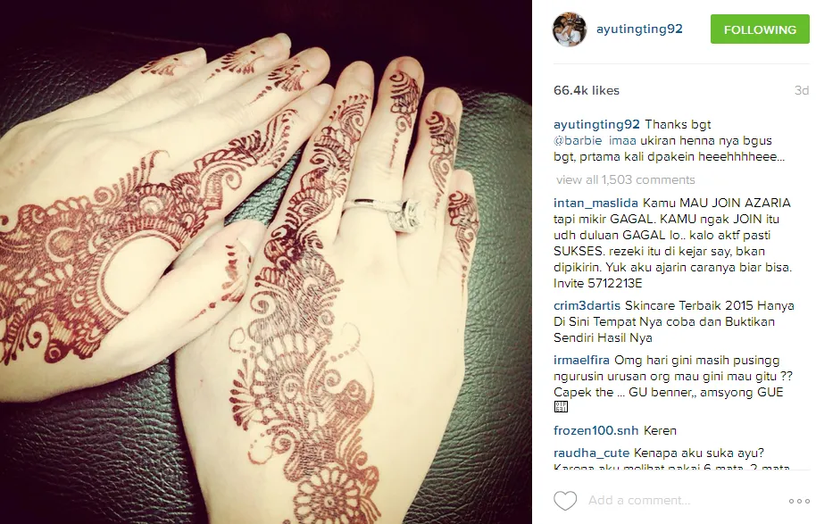 Henna ini yang bikin kabar pernikahan Shaheer dan Ayu berhembus kencang. @instagram/ayutingting92