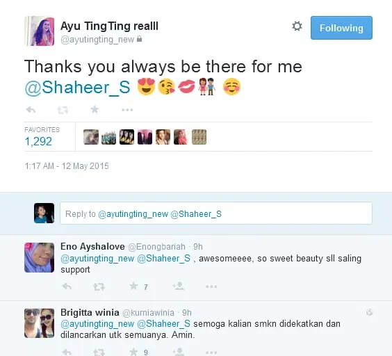 Ayu Ting Ting bersyukur Shaheer selalu ada untuknya. @twitter/ayutingting_new
