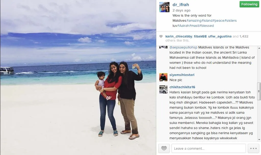 Netizen Indonesia ramai di akun adik Shaheer. @Instagram/dr_ifrah
