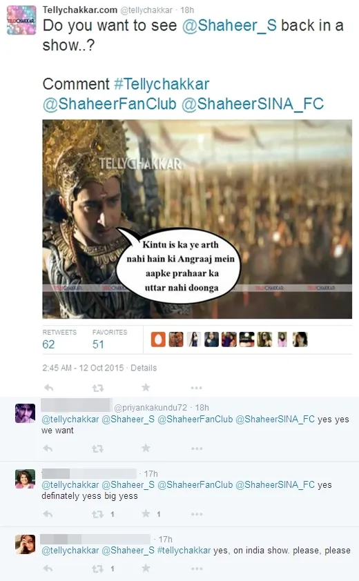 Fans ingin melihat Shaheer di India lagi. Kapan ia pulang? ©twitter/tellychakkar