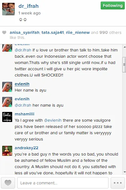 Akun adik kandung Shaheer Sheikh pun ikut kena semprot. @instagram/dr_ifrah