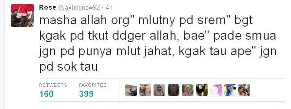 Di saat yang hampir bersamaan, Ayu mengomentari hatersnya © Twitter.com/aytingnew92