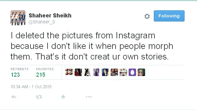 Shaheer akui menghapus agar tak ada yang mengedit fotonya © Twitter.com/Shaheer_S