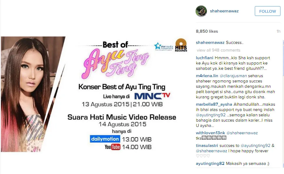 Ini dia bentuk dukungan Shaheer Sheikh pada Ayu Ting Ting pada single terbarunya @instagram.com/shaheernawaz