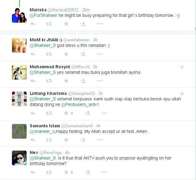 Ini dia kicauan netizen yang menduga bahwa Shaheer akan melamar Ayu @twitter.com/Shaheer_S