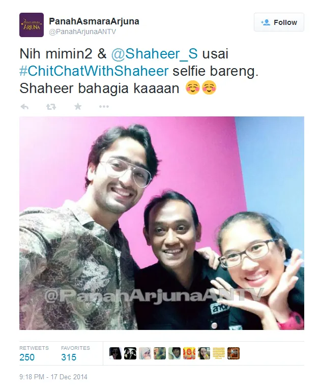 Senyum bahagia Shaheer. @twitter.com/panaharjunaANTV