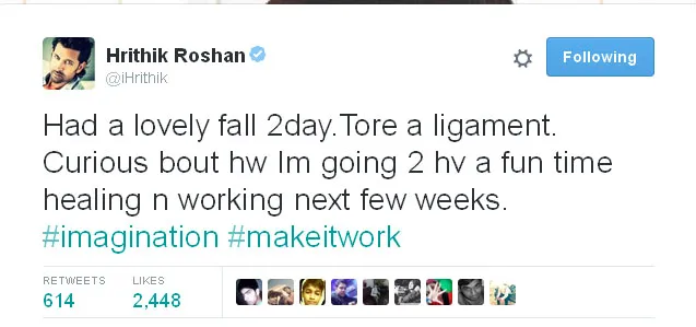 Hrithik Roshan alami cedera hingga ligamennya robek © Twitter.com/iHrithik