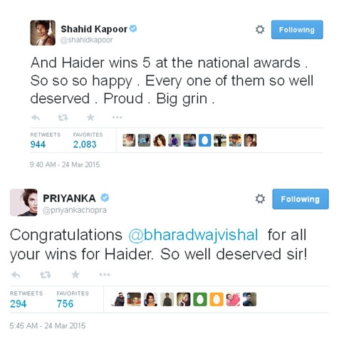 Kicauan kebahagiaan atas kemenangan 'HAIDER' oleh Shahid Kapoor dan Priyanka Chopra @twitter.com/shahidkapoor @twitter.com/priyankachopra