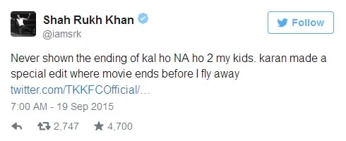 Shahrukh Khan tak menunjukkan ending 'KAL HO NAA HO' ke anak-anaknya. ©twitter/iamsrk