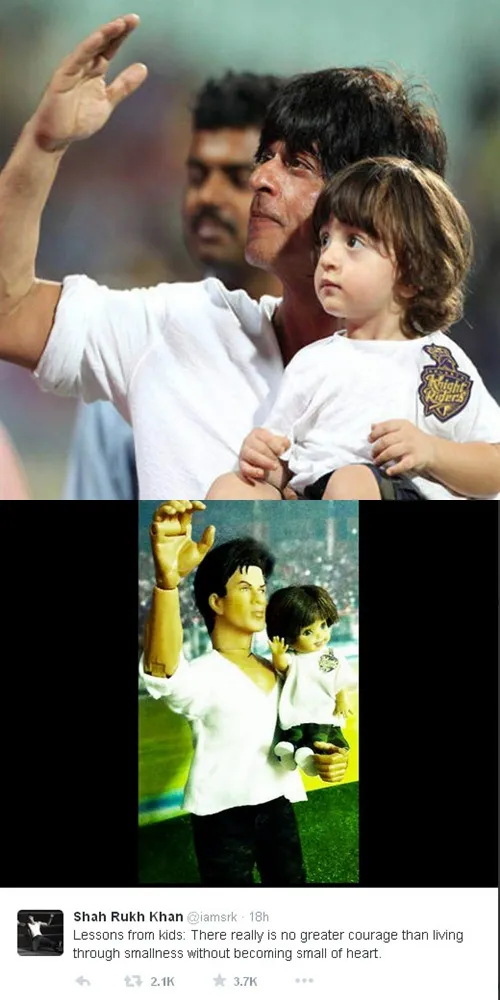 Ini dia pose terkenal ayah dan anak, AbRam dan Shahrukh Khan dan diri mereka versi boneka @twitter.com/iamsrk