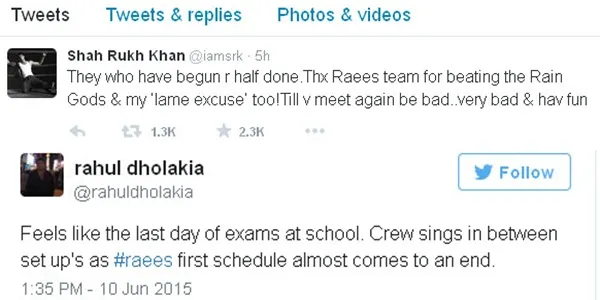 Ini dia kicauan Shahrukh Khan dan Rahul Dholakia saat 'RAEES' rampung syuting @twitter.com/iamsrk/rahuldholakia