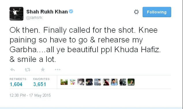 Ini dia kicauan Shahrukh Khan yang menunjukkan bahwa ia sedang cedera lutut namun tetap giat berlatih @twitter.com/iamsrk
