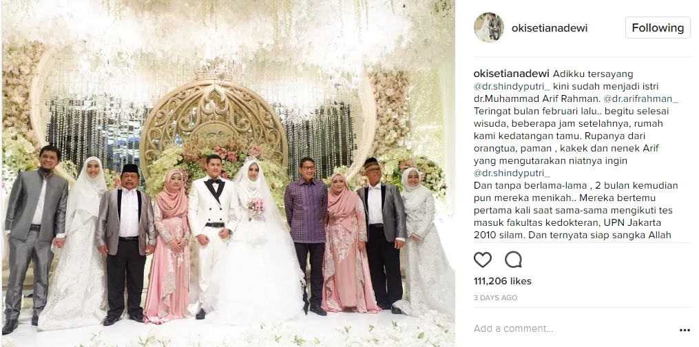 Pernikahan adik Oki Setiana Dewi dihadiri Sandiaga Uno. © instagram.com/sandiuno