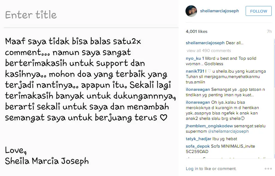 Ungkapan rasa terima kasih Sheila Marcia © Instagram.com/sheilamarciajoseph