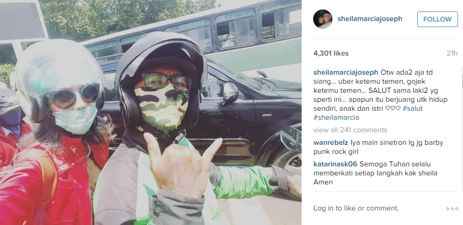Sheila Marcia ketika beraktivitas dengan memakai jasa ojek. ©instagram.com/sheilamarciajoseph
