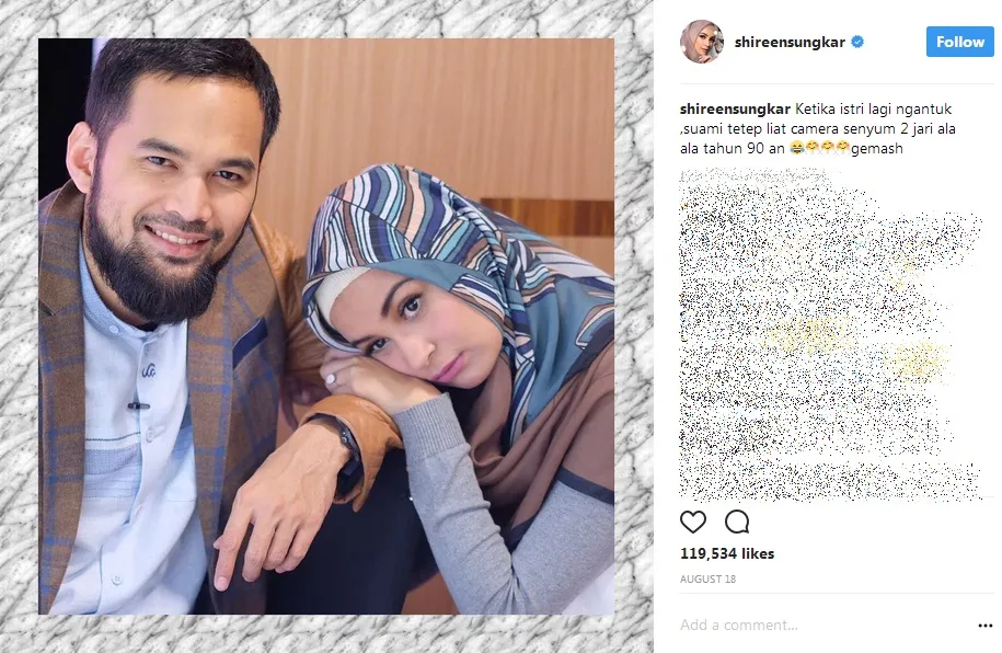 Tulisan kocak dan romantis Shireen untuk potret kebersamaan dengan sang suami. /©instagram.com/shireensungkar