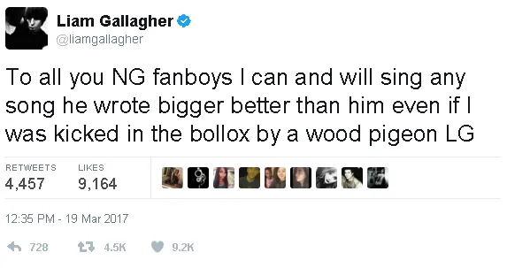 Liam Gallagher juga menjadikan momen tersebut untuk menyindir kakaknya, Noel Gallagher © twitter.com/liamgallagher