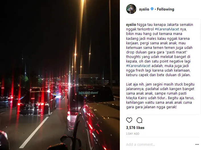 Curhatan Sissy mengenai kemacetan Jakarta © Instagram/sysiio