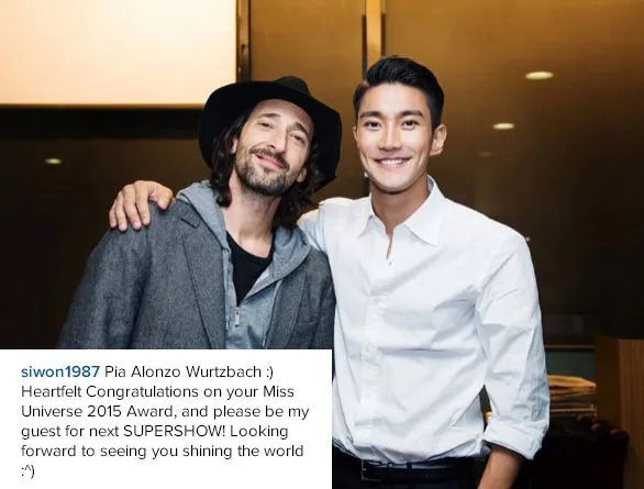 Siwon menulis pesan memberikan selamat sekaligus mengundang Pia Miss Universe 2015 menjadi bintang tamu di Super Show mendatang. ©Instagram/Siwon1987