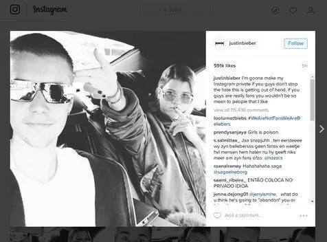 Ancaman Justin pada para fans dan follower-nya © instagram.com/justinbieber