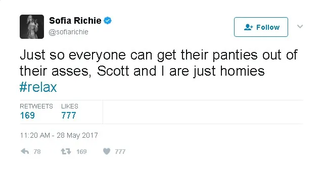 Sofia tegaskan hubungannya dengan Scott hanya sebatas teman © twitter.com/sofiarichie