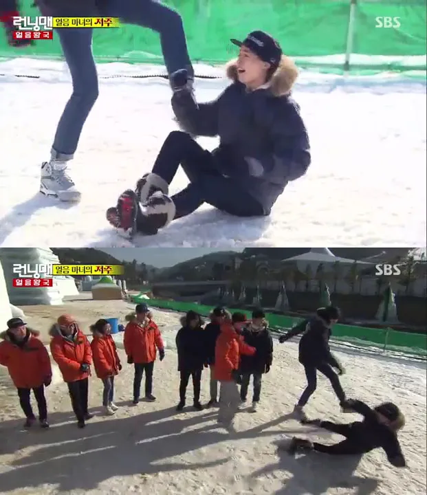 Song Ji Hyo yang mendapat tendangan dari Lee Kwang Soo gara-gara berusaha bertingkah cute. ©SBS
